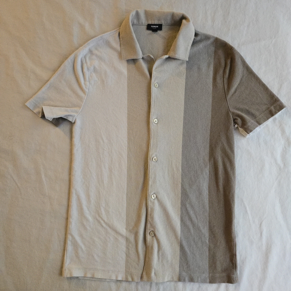 Express Beige and Gray Colorblock Striped Full Button Front Cotton Polo Relaxed
